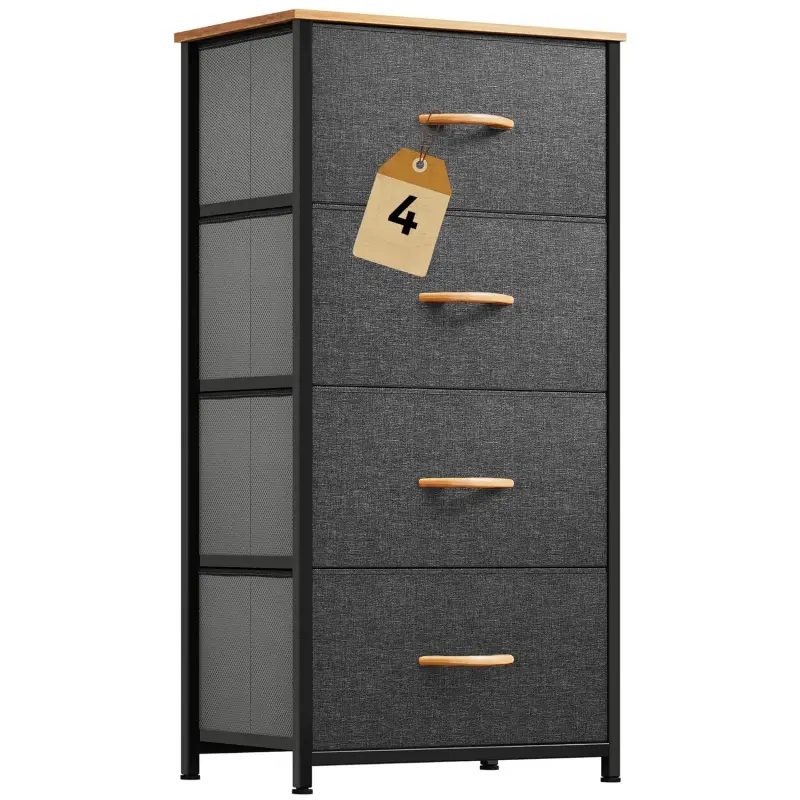 4-Drawer Modern Fabric-Wood Rectangular Storage Dresser Tower with Wooden Top, Sturdy Steel Frame, Smooth Handles, High Capacity Drawer Units, Easy Setup Foldable Single Unit Organizer for Bedroom Storage, Closet