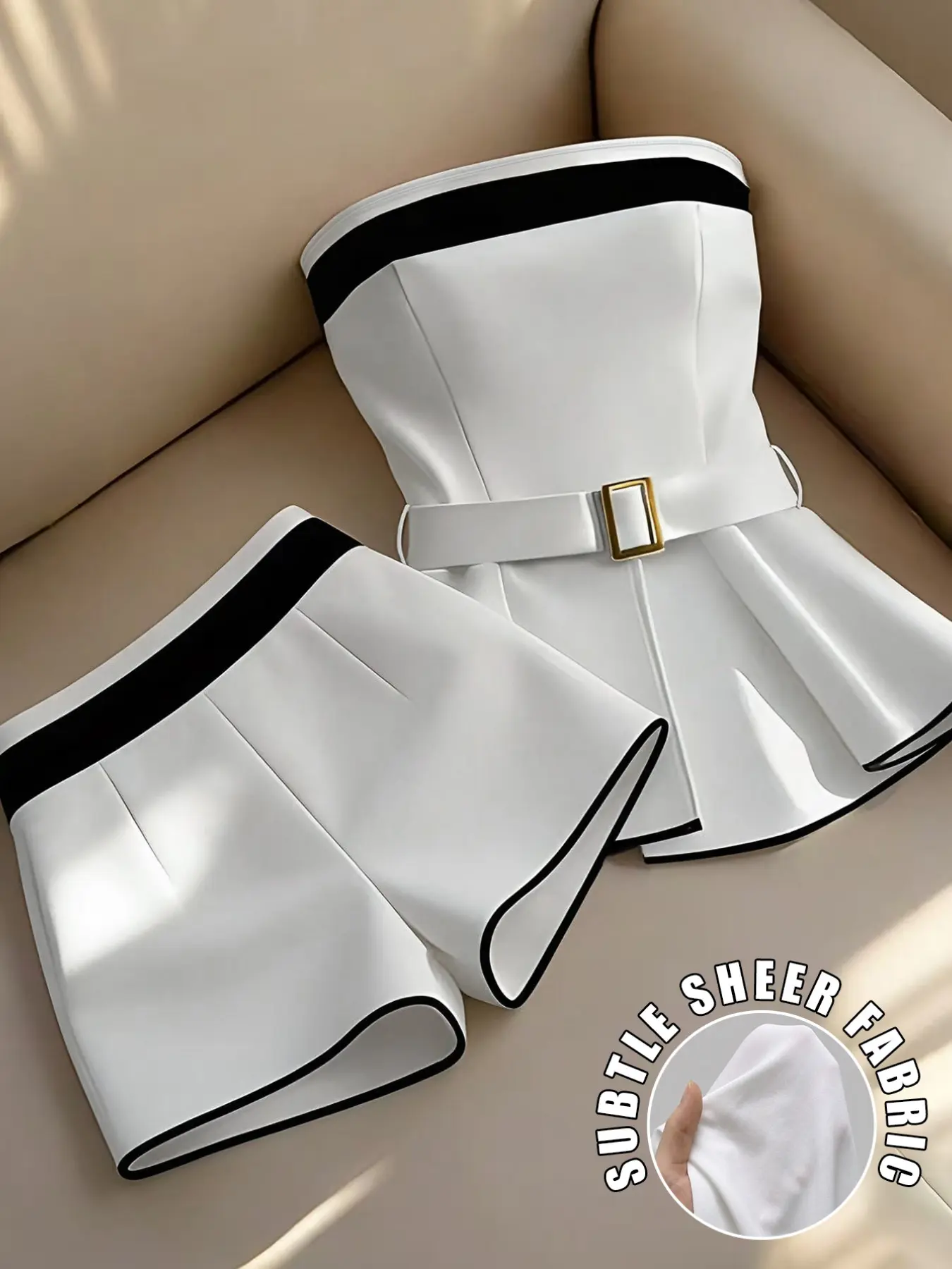Women's Elegant Colorblock Top & Skinny Shorts Set, Perfect for Evening Date, Office and Daily Wear, Stylish and Comfortable Womenswear