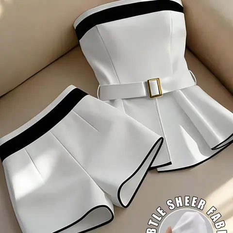 Women's Elegant Colorblock Top & Skinny Shorts Set, Perfect for Evening Date, Office and Daily Wear, Stylish and Comfortable Womenswear