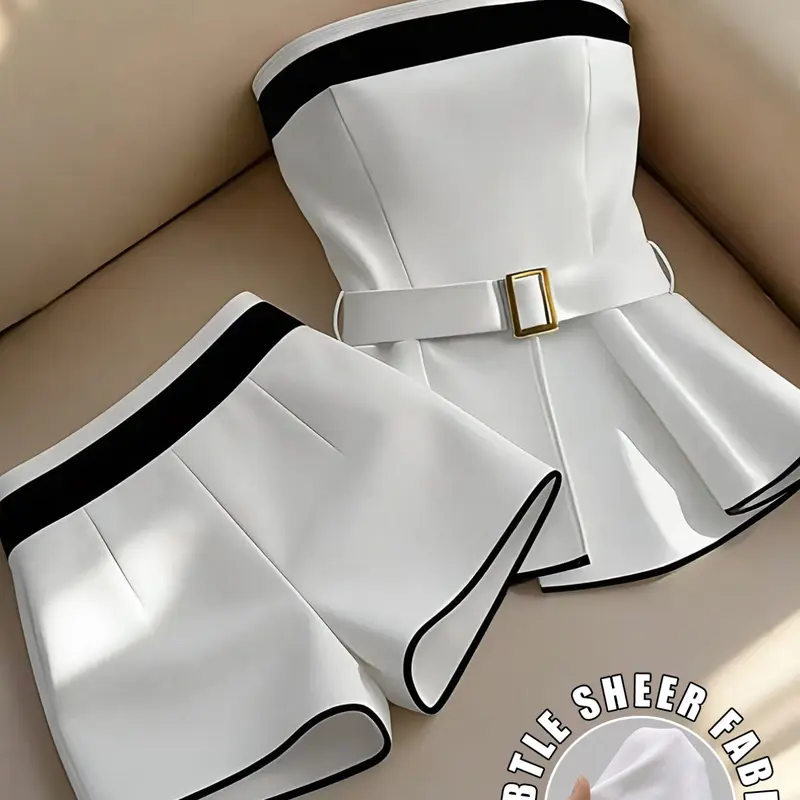 Women's Elegant Colorblock Top & Skinny Shorts Set, Perfect for Evening Date, Office and Daily Wear, Stylish and Comfortable Womenswear