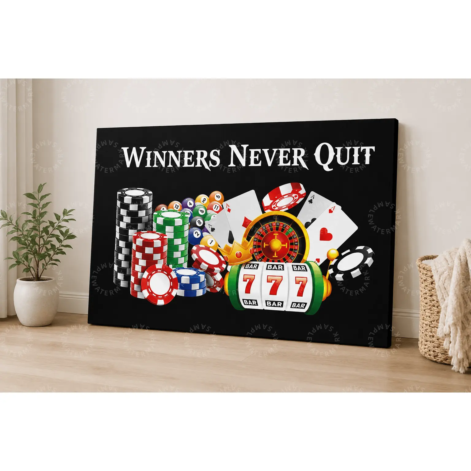 Winners Never Quit Casino Canvas Wall Art, Poker Chips Roulette Cards & Slot Machine Aesthetic Poster, Black Game Room Decor for Living Room, Bedroom, Office, Dorm, Man Cave & Casino Night Gift