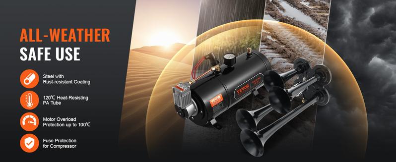 VEVOR Train Horns Kit, 4 Trumpet Air Horn Kit, 150dB Train Horns for Pickup Trucks, 12V 120 psi Air Compressor 0.8 Gal/3 L Tank with Gauge for Any 12V Vehicle Car Truck Train Van Boat Power Sound Accessory VEVOR Super Brand Day