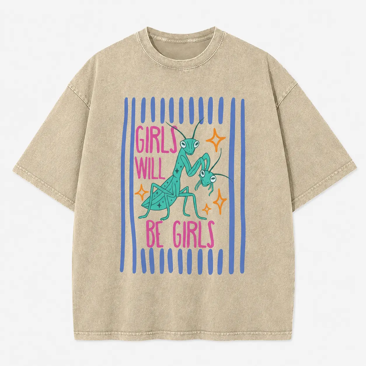 Girls' Washed Graphic Sports Top - Denim-Linen Blend, Mantis Cartoon Print, Funny Bug Feminist Design, Perfect Fits, Pairs with Skirts/Cargo Pants/Flannel, Minimalist Style, Gift for Insect Lovers (Baseball Game Ready), Jacket, Bag
