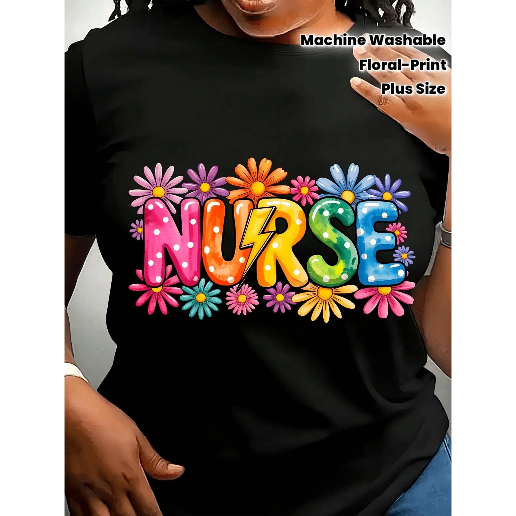 Plus Size Women's Seamless Short-Sleeve Round Neck Nurse T-Shirt - Themed Uniform Piece With Multi-Color Floral Print, Soft Stretchy Fabric, Suitable For Work & Nursing Shifts, Lady