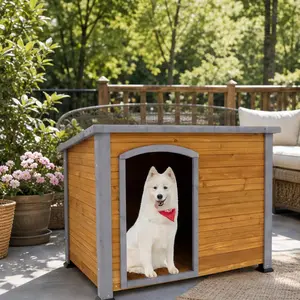 ARCH Solid Wood Large Dog House Outdoor Indoor Weatherproof Wooden Dog Kennel Villa with Raised Feet, Waterproof Roof, Natural Finish, 31.9W x 44.5D x 32.7H Inches, for Big Dogs, Single Box Product, Natural Color Options, Solid Wood Material