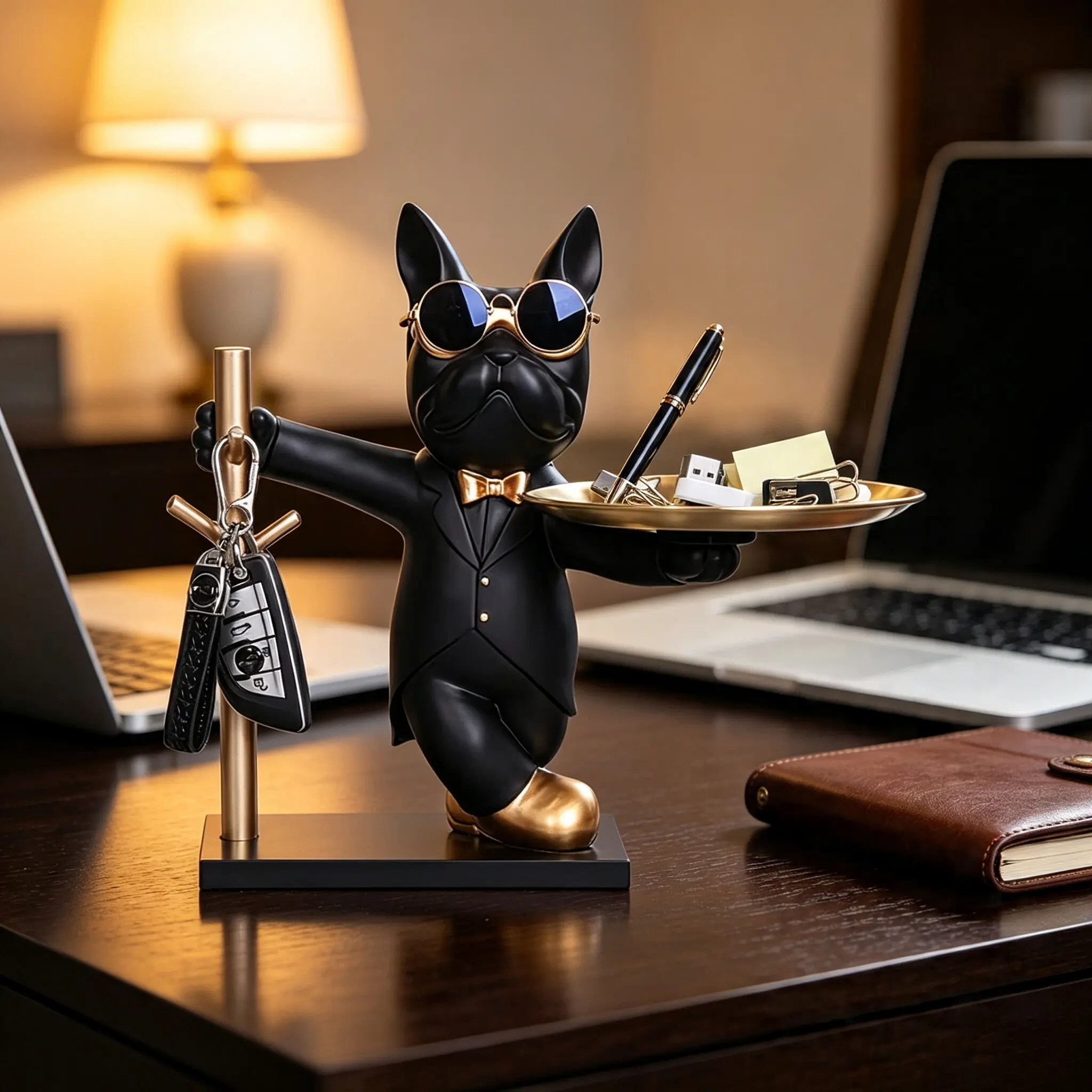French Bulldog Sculpture Dog Statue, Decorative Storage Tray, Metal Coin Bank, Key Holder, Snack Rack, Home Living Room Bar Coffee Shop Decoration