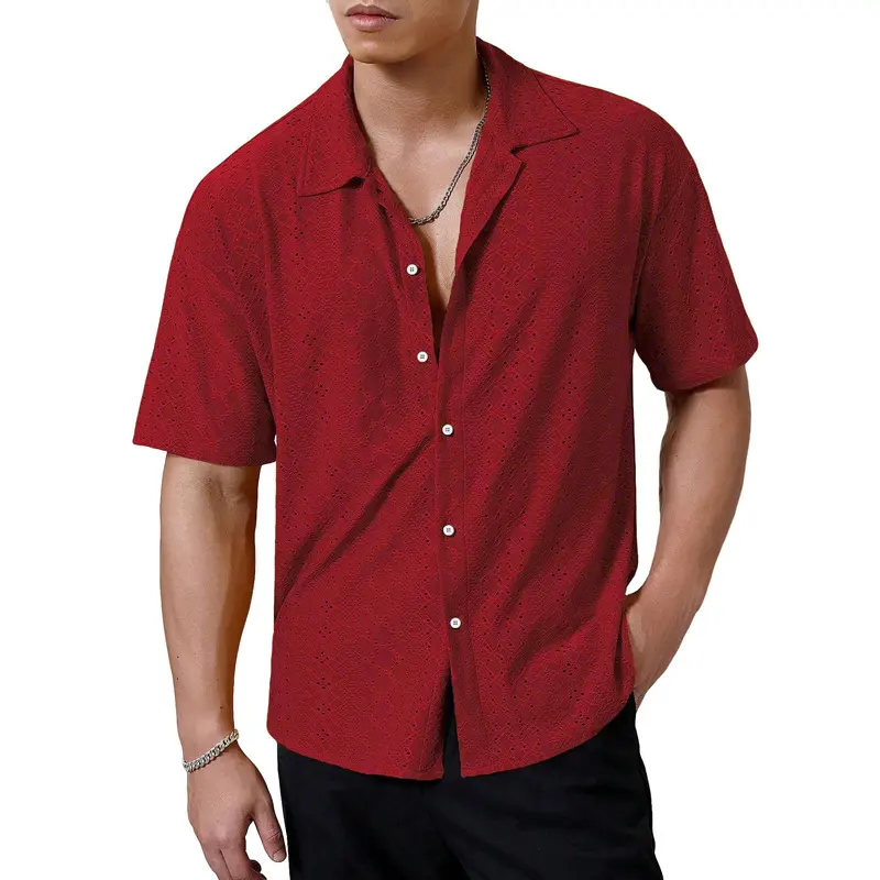 Men's Relaxed Fit Plain Polyester Short-Sleeve Button-Up Shirt, Breathable Minimalist Menswear for Casual Summer Wear, Shortsleeve, Rolled