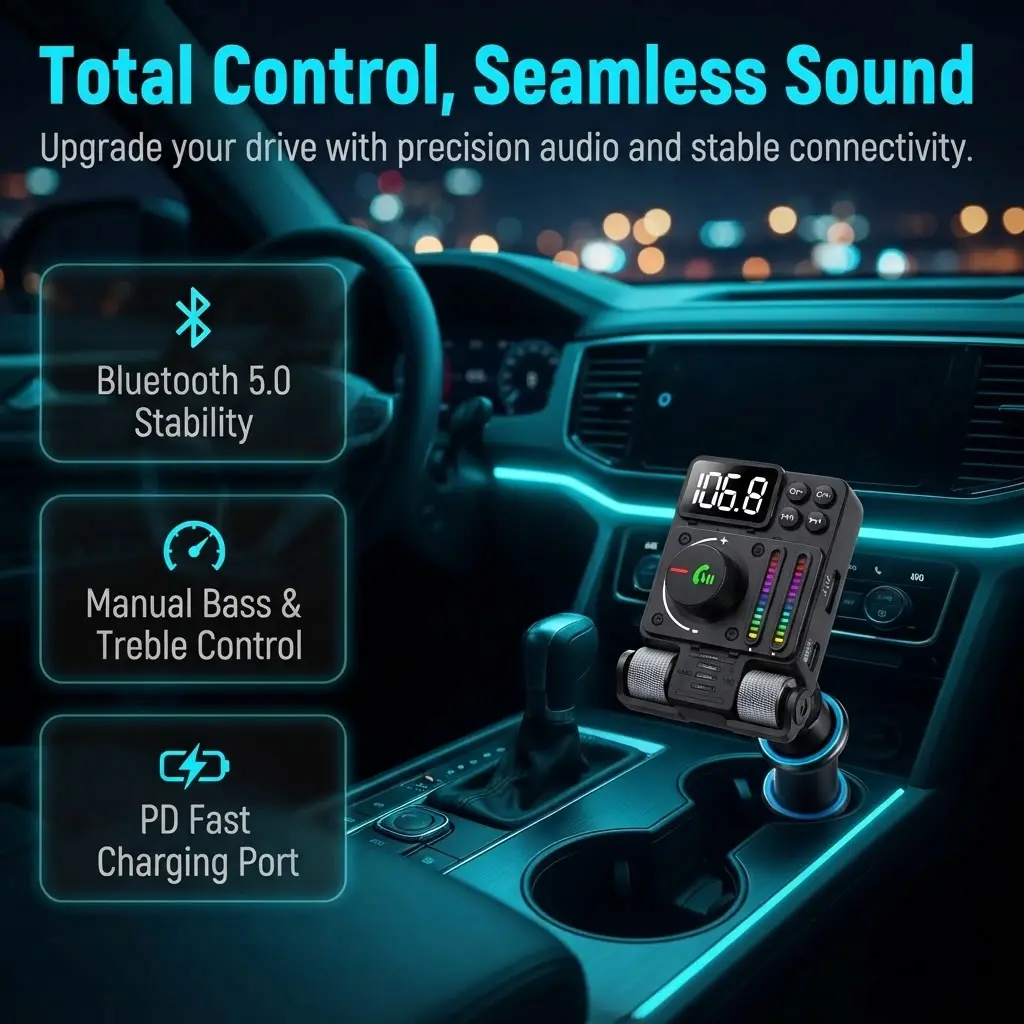 Bluetooth Car FM Transmitter, PD 30W Type-C Fast Charge + Dual USB Ports, Hands-Free Call & Wireless Music Receiver for Vehicles