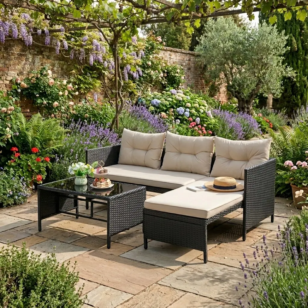 3 Piece All Weather Rattan Patio Furniture Set, L-Shaped Sectional Sofa With Chaise Lounge & Loveseat, Soft Thick Cushions, Tempered Glass Coffee Table, Outdoor Wicker Conversation Set For Backyard Deck Garden Poolside