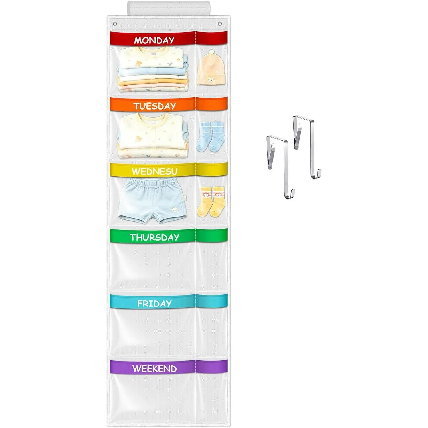 Weekly  Clothes Organizer,6-Shelf  Closet Storage with Labels for Monday to Friday,Over the Door or Wall Mount for ,Dorm,Bedroom (White)