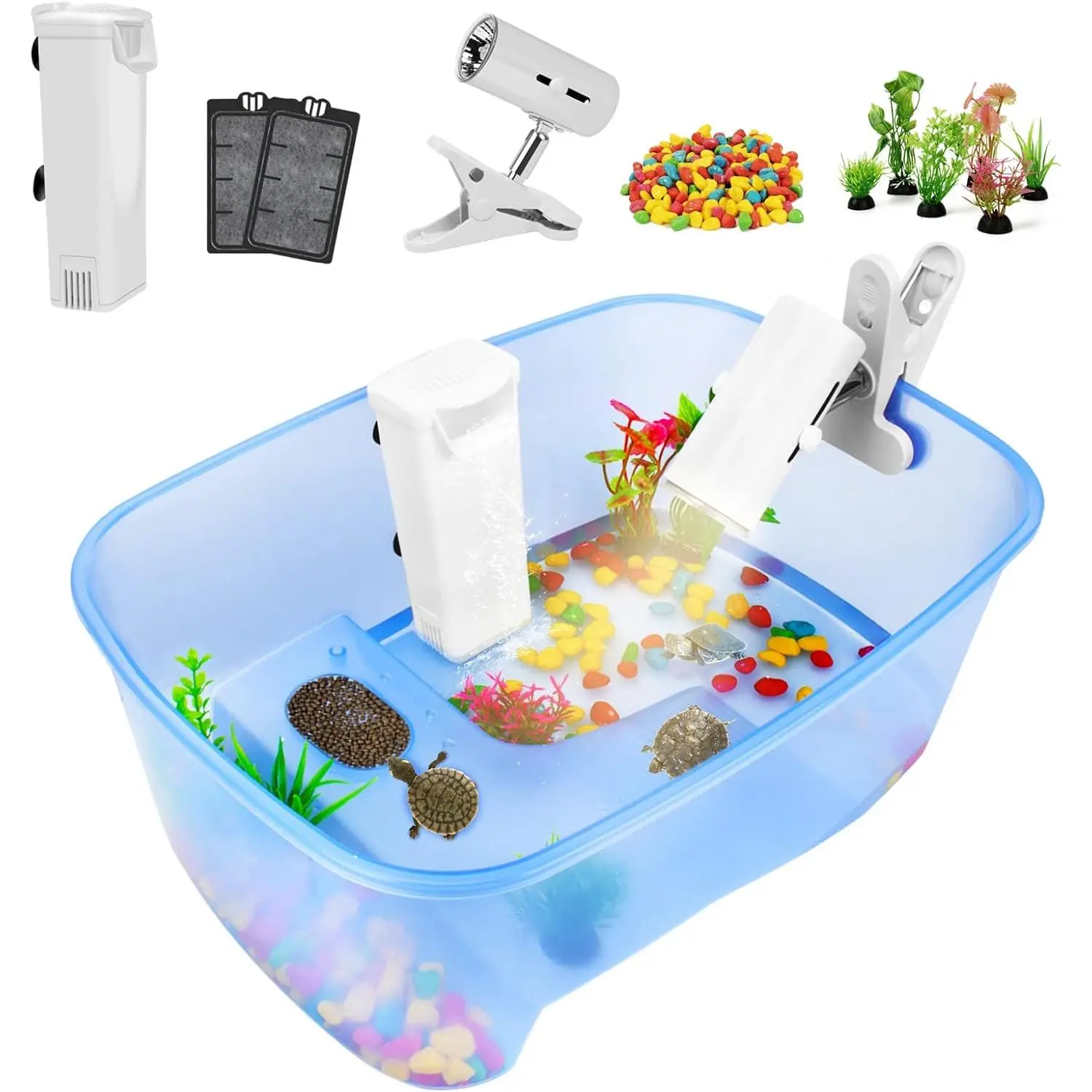 Baby Turtle Aquarium Tank Starter/ Accessories Kit - Reptile Terrariums Tortoise Habitat with UV Basking Light Lamp, Water Filter, Rocks, Small Plants for Frog Hermit Crab