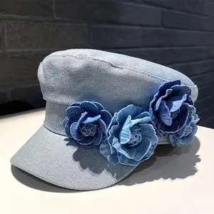 2026 Spring Autumn Women's Denim Rose Pattern Baseball Cap & Octagonal Beret, Ideal for Parties, Dates, Outdoor Camping & Daily Outings, Perfect Gift Choice