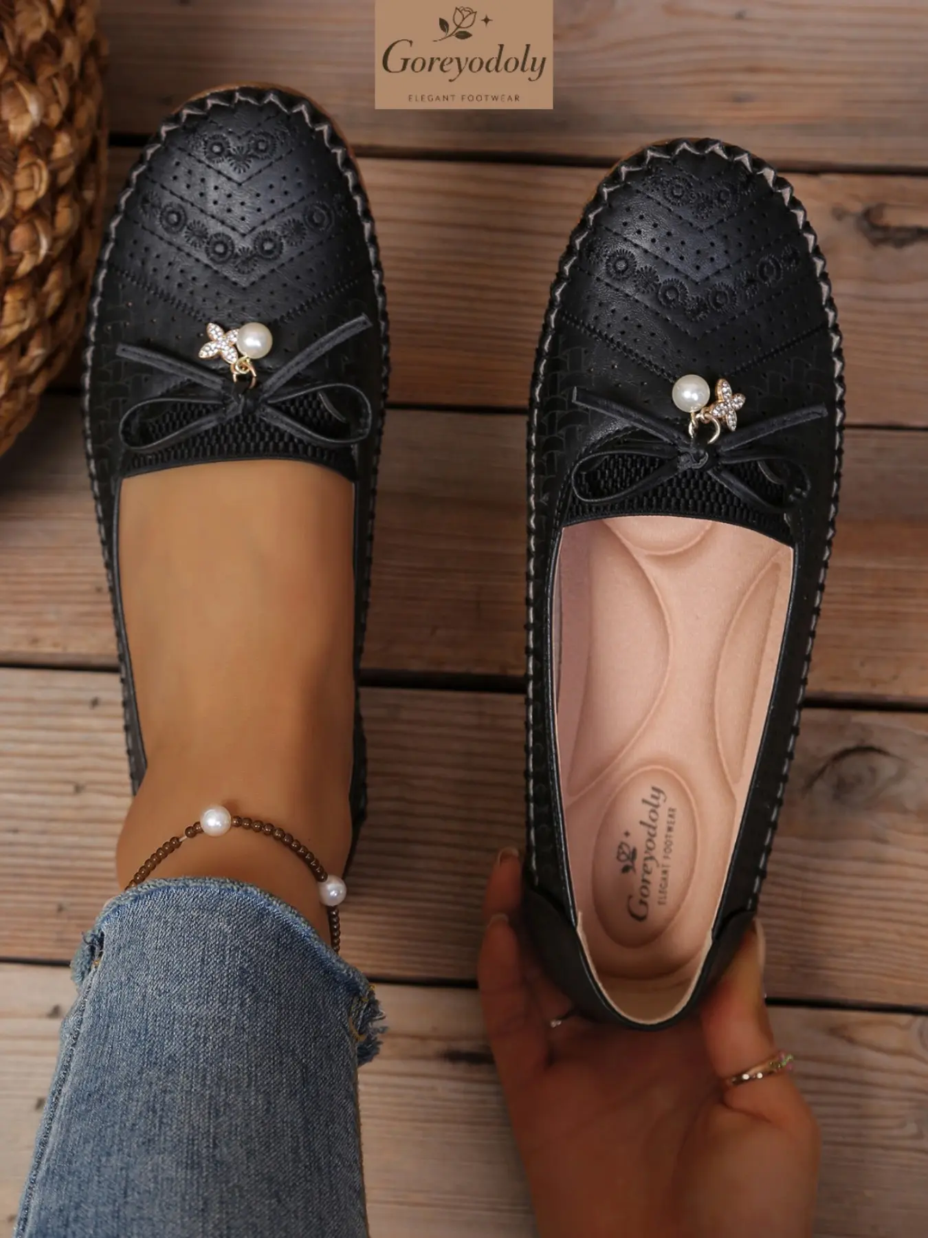 Goreyodoly Wide Fit Women Loafers Breathable Cutout Design Bow Pearl Decoration Slip On Flats Soft Upper Cushioned Insole Lightweight Comfort Anti Slip Durable Sole Casual Daily Walking Travel Shoes