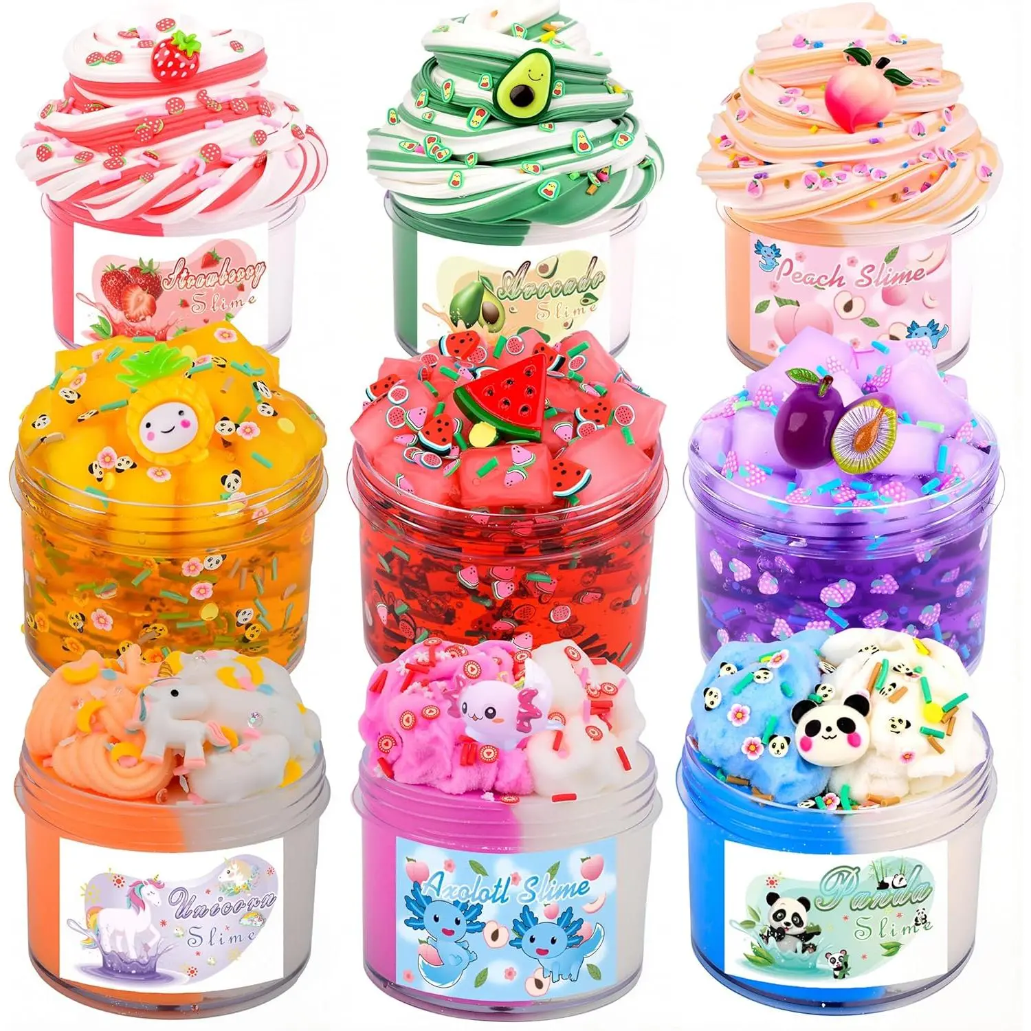 9 Pack Scented Kit wich Butter Clear and Cloud 3 Packs Each.Axolotl Peach Strawberry Add-ins,Jelly Cube Crystal Putty,Party Favor Christmas Stocking Stuffers for Kids