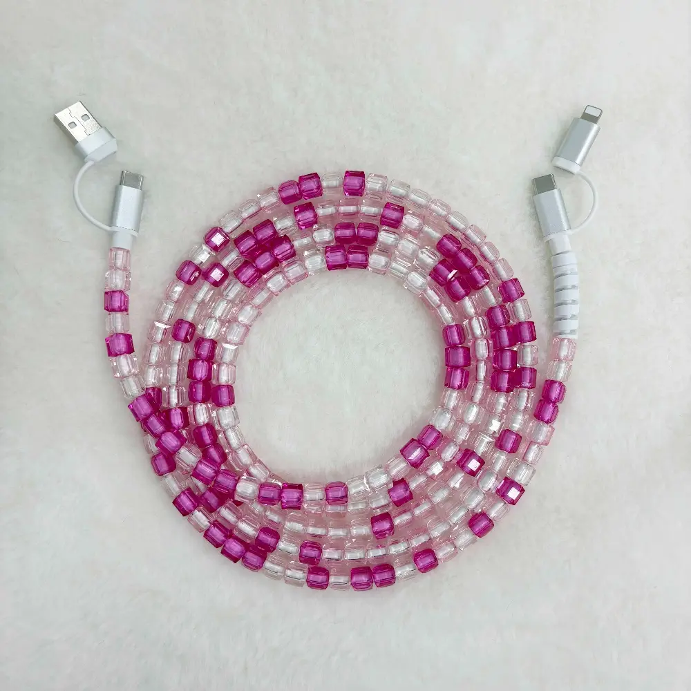 Fashion 4 in 1 Beaded Electronic Charging Cable, Usb Power Cable, Acrylic Beaded Fast Charging Cable Upgraded Alloy Connector Compatible with USB C and Lightning Devices 5.9 Feet Ideal Fast Charging Cable for Women Multiple Colors Available Holiday Gift