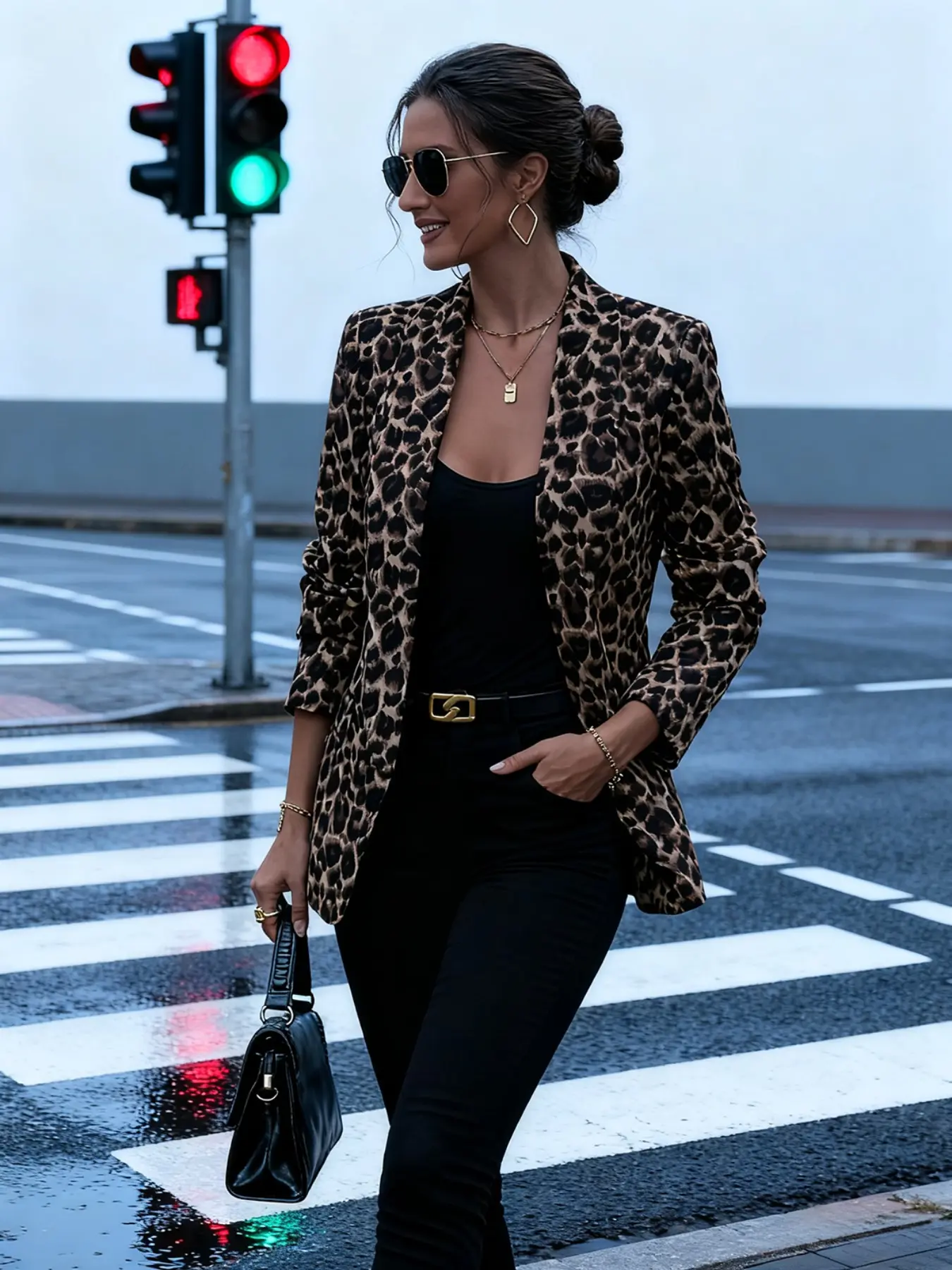 Short Leopard Print Blazer for Women, Casual Oversized Jacket, Fall & Spring Fashion, Korean Style, Office Wear, Daily