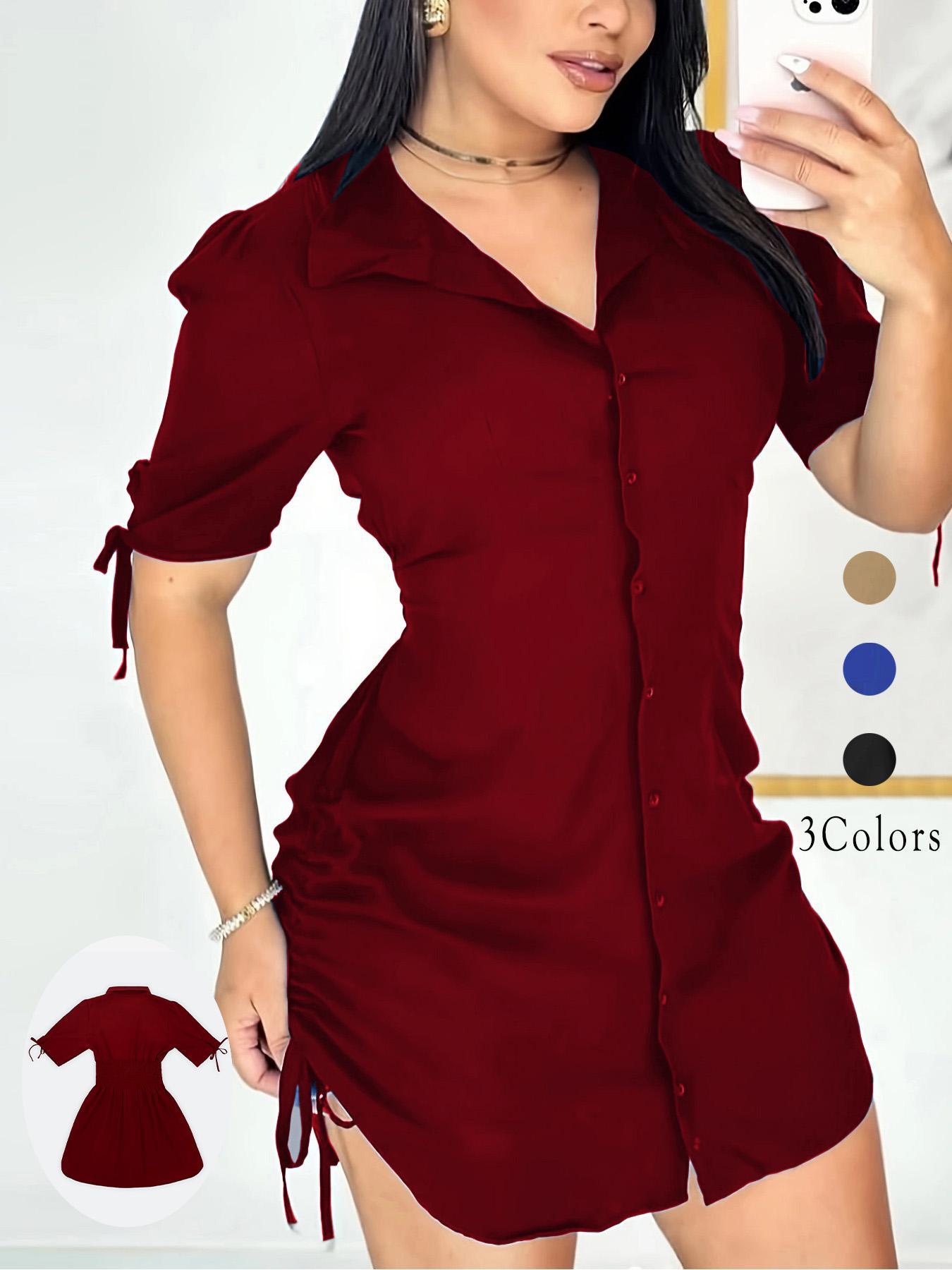 Women's Solid Color Basic Shirt Collar Button Front Dress, Casual Short Sleeve Curved Hem Dress for Daily Wear, Ladies Clothes for Spring & Fall, Collared