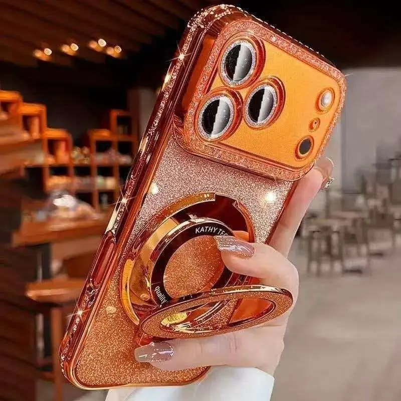 Diamond-Encrusted Magnetic Stand Mirror Phone Case for iPhone 17 Pro Max, Luxury Water Drizzle Border, Lens Film Included