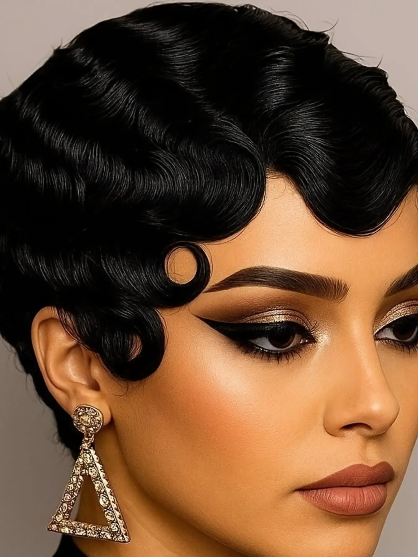 Women's Deep Wave Finger Wave Wig, 3 Inch Brazilian Remy Hair, 180% Density, Rose Net Cap, Short Wave Wig, Curly Wig, Natural, Party & Daily Use