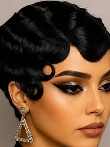 Women's Deep Wave Finger Wave Wig, 3 Inch Brazilian Remy Hair, 180% Density, Rose Net Cap, Short Wave Wig, Natural, Party & Daily Use