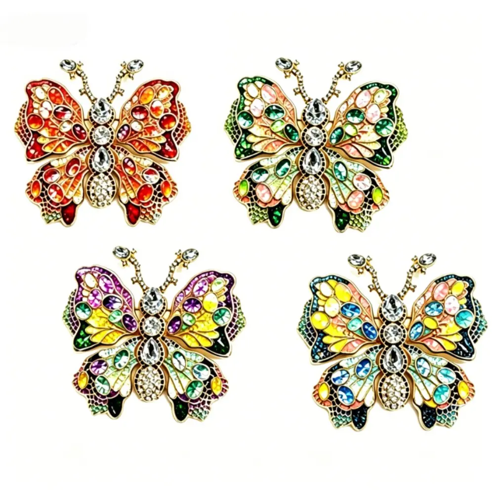 4 Styles Mosaic Crystal Butterfly Brooch Gold Base Multi Color Oval Rhinestone Hollow Wing Unisex Elegant Clothing Pin