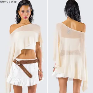 Asymmetrical Off Shoulder Knit Cover Up, Sheer Mesh Asymmetric Hem Poncho Top, Loose See Through Wrap Blouse for Women Summer Beach and Boho Vacation Outfit