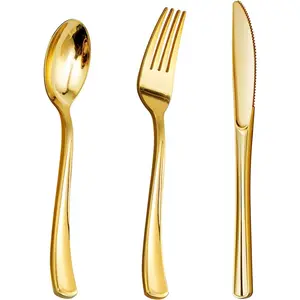150PCS Gold Plastic Silverware, Gold Disposable Utensils, Plastic Cutlery Set of 50 Forks 50 Spoons 50 Knives for Wedding Party Birthday Holidays