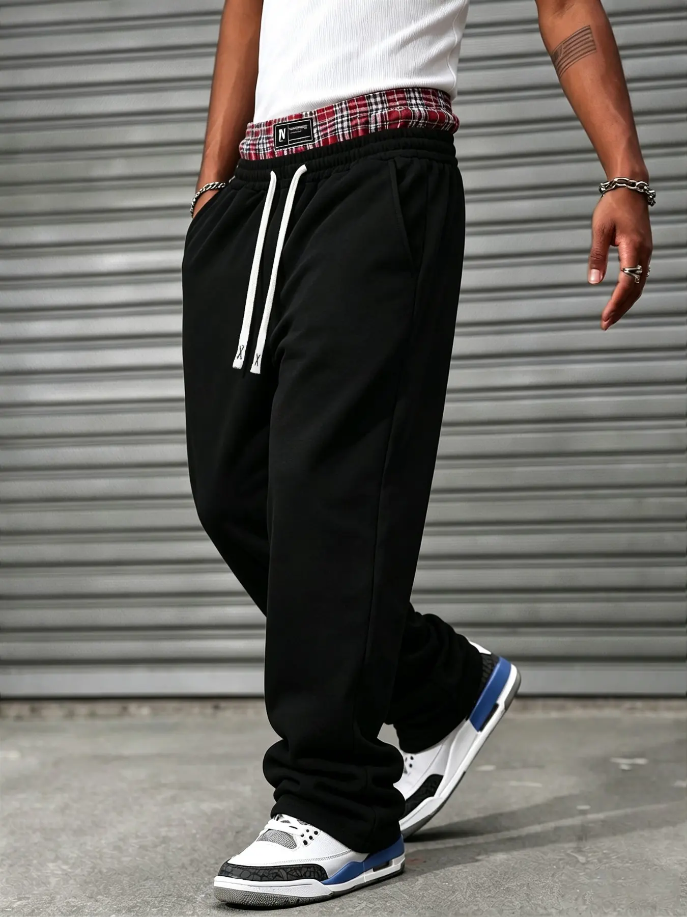 Hip Hop Athleisure Track Pants For Guys Checkered Inner Waistband Double Drawcord Elastic Sweatpants Hidden Side Pockets No Shrink Everyday Casual Gym Street Outfit Teen Boy College Daily Wear Trousers