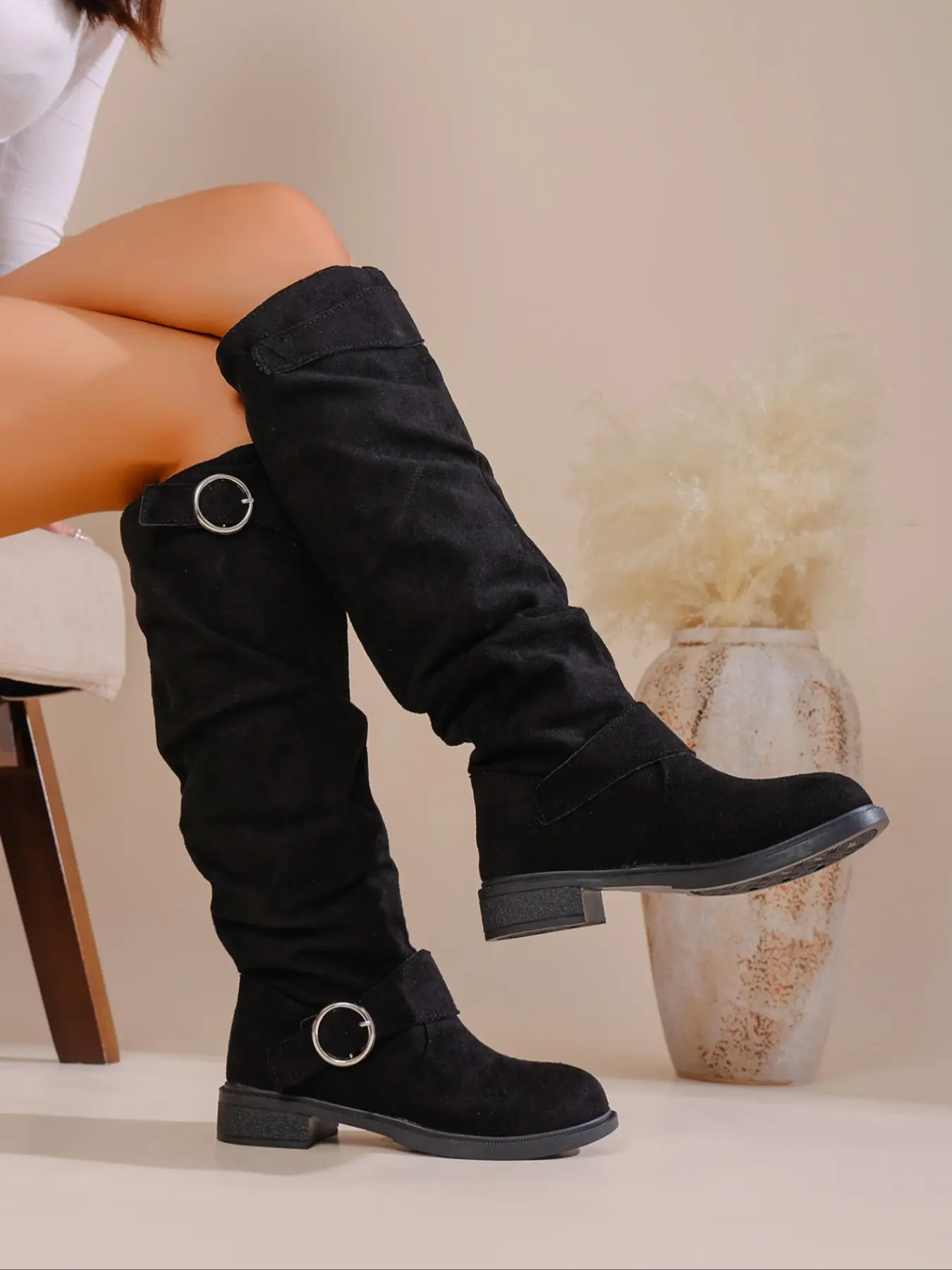 Women's Knee-High Boots, Party Casual Riding Boots, Ladies Chunky Heel, Fall Winter Western Style High-Top Boots, Vintage Ruched Lazy Boots, Heeled Knee Boots