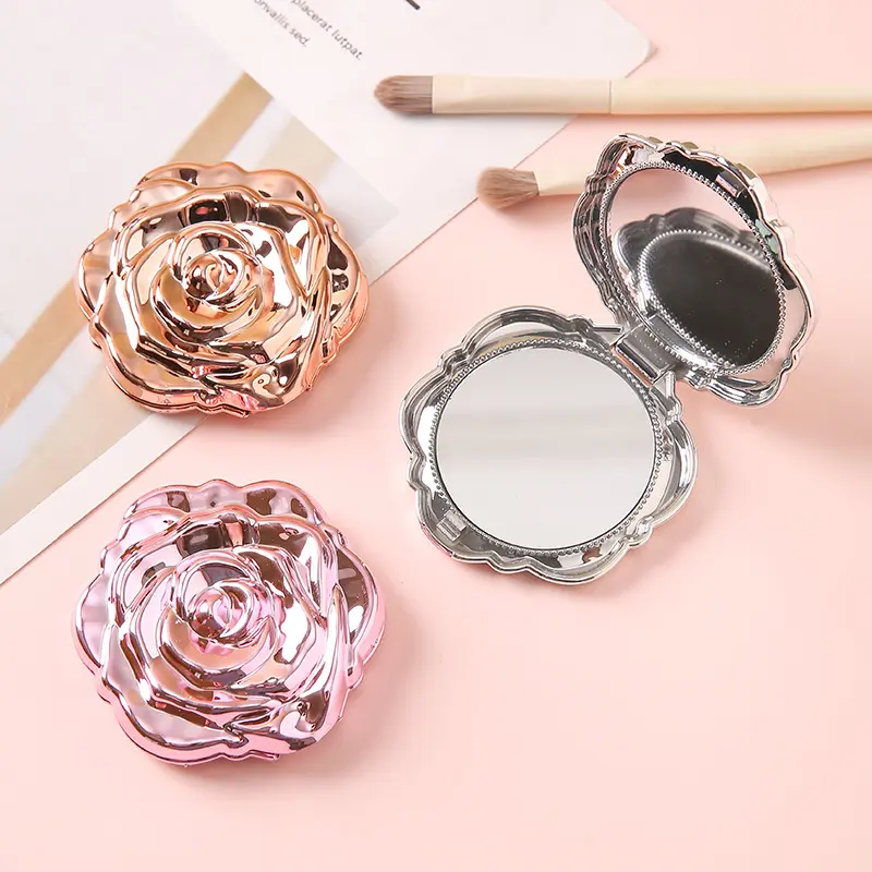 New rose flower folding round mirror, handheld single-sided makeup mirror, portable desktop dressing mirror