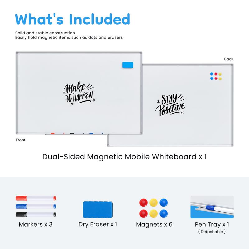 Rolling White Board on Wheels 48" x 32" Large Dry Erase Board with Stand for Home Office School Easy Install Strong Durable Double Sided Height Adjustable Flexible Mobile Use Wheels for Home Office Classroom