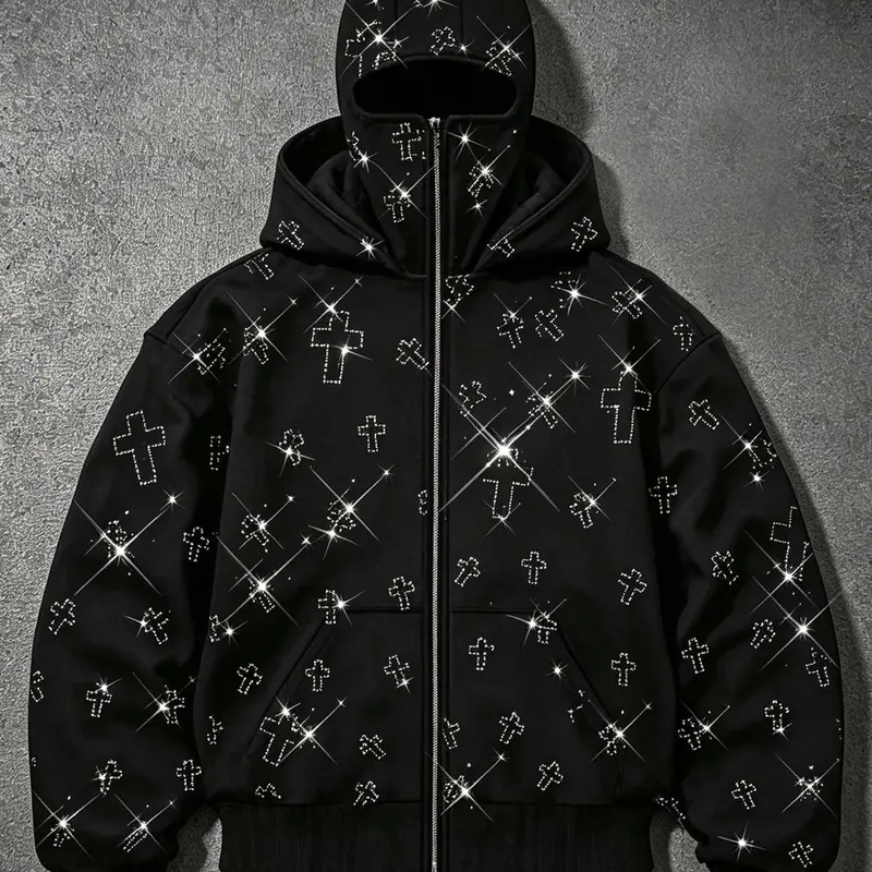 Rhinestone cross goth men's zipper double hood cardigan sweatshirt women's street style autumn winter fleece warm jacket windproof black Y2K punk, Fashionable Sweatshirts, Streetwear