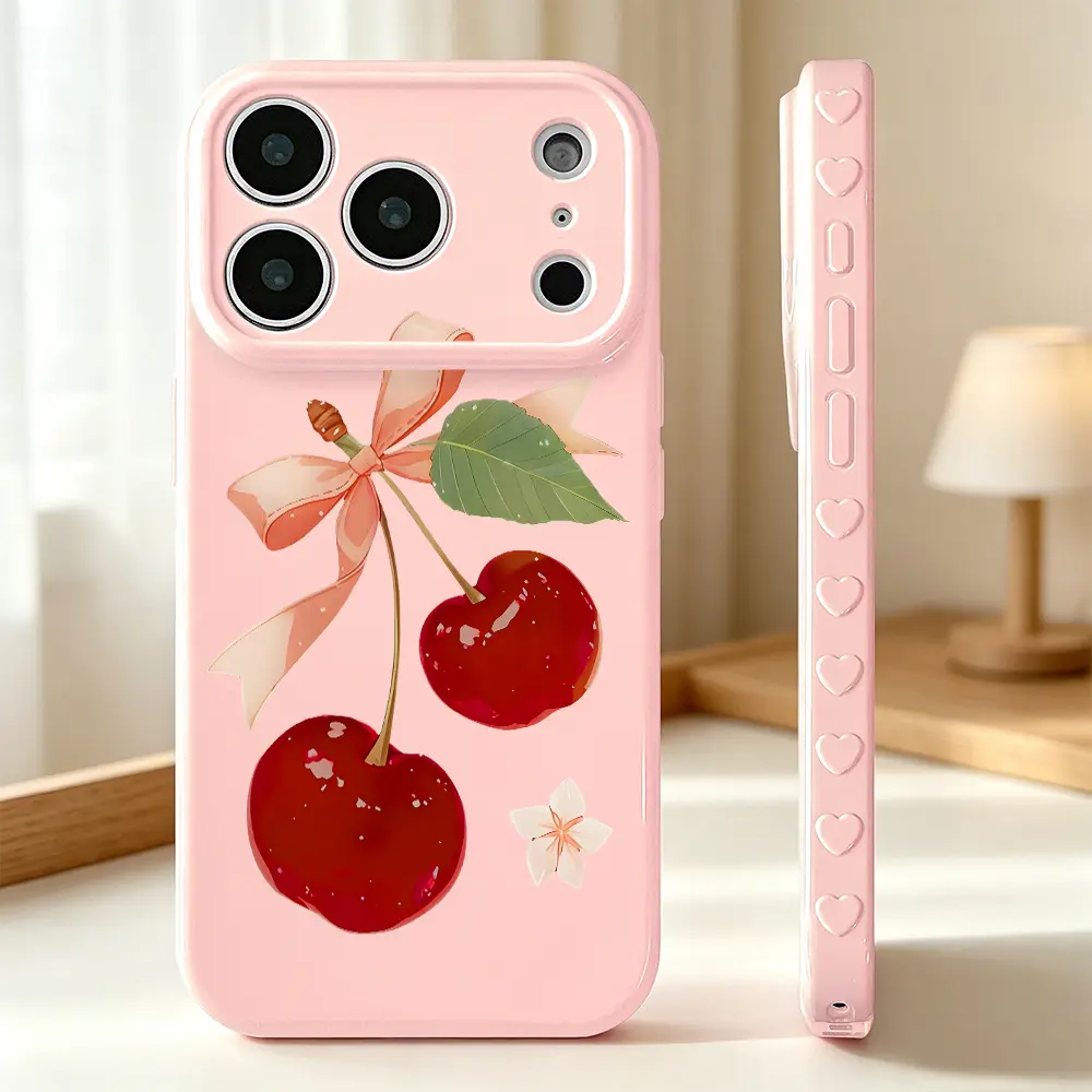 Sweet Cherry Bowknot Ribbon Phone Case， Elegant Watercolor Aesthetic Style， Phone Case for iPhone 17 Pro Max 17 Air 17Pro 16 15 14 13 12 11 Pro Max， Charming Red Fruit Blossom Nature Illustration Soft Durable Fashion Accessory Best Birthday Present