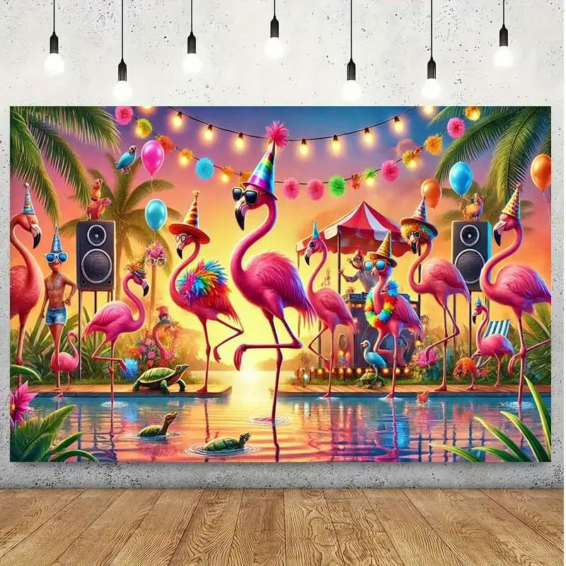 Hot Sale Tropical Flamingo Party Backdrop | 2D Flat Banner Single-Sided Polyester Fabric | Palm Tree Beach Summer Scene Decor | Metal Grommets Easy Hanging Photo Booth Banner