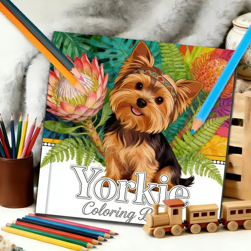 Adult Coloring Book, Coloring Fun, 24 Pages Yorkshire Terrier & Tropical Flowers Illustrations, Daily Leisure Art Album, Festival Party Gift Stationery