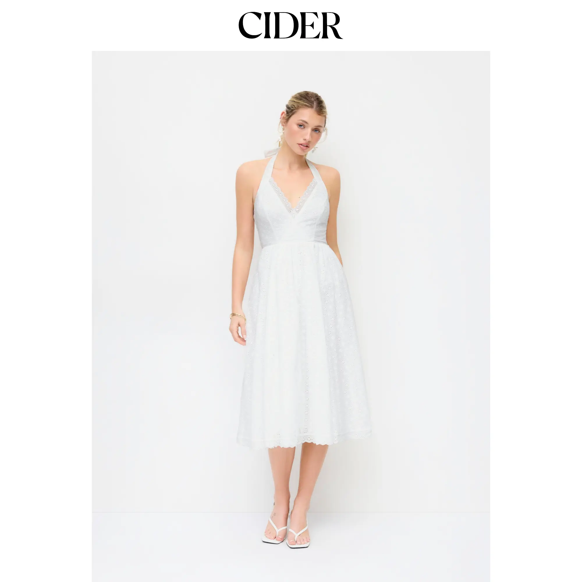 Cider Textured Halter Neck Broderie Anglaise Wrap Flared Midi Dress