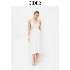 Cider Textured Halter Neck Broderie Anglaise Wrap Flared Midi Dress