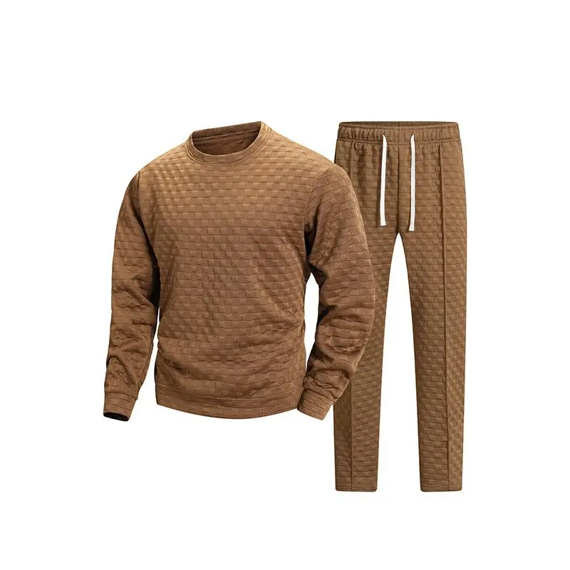 Men's 2-Piece Waffle Textured Tracksuit Set - Crew Neck Polyester/Elastane Sweatshirt & Drawstring Stretch-Fit Plain Pants, Casual Streetwear Outfit