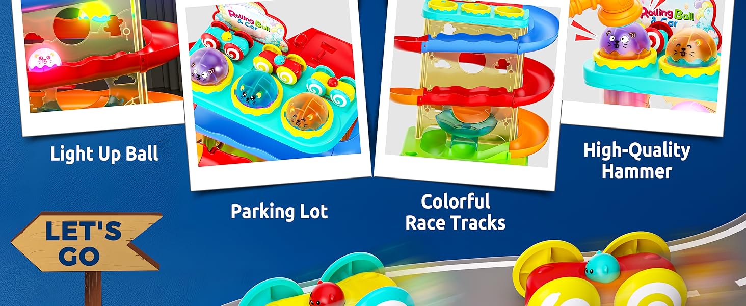 2-in-1 Rolling Ball & Car Ramp Race Track for Toddlers, Hammer Ball Drop Toy for Boys & Girls, Interactive Toys w/Sensor Lights - Montessori STEM Learning Toys - Brithday Gift for Kids 1-5+ Year Old