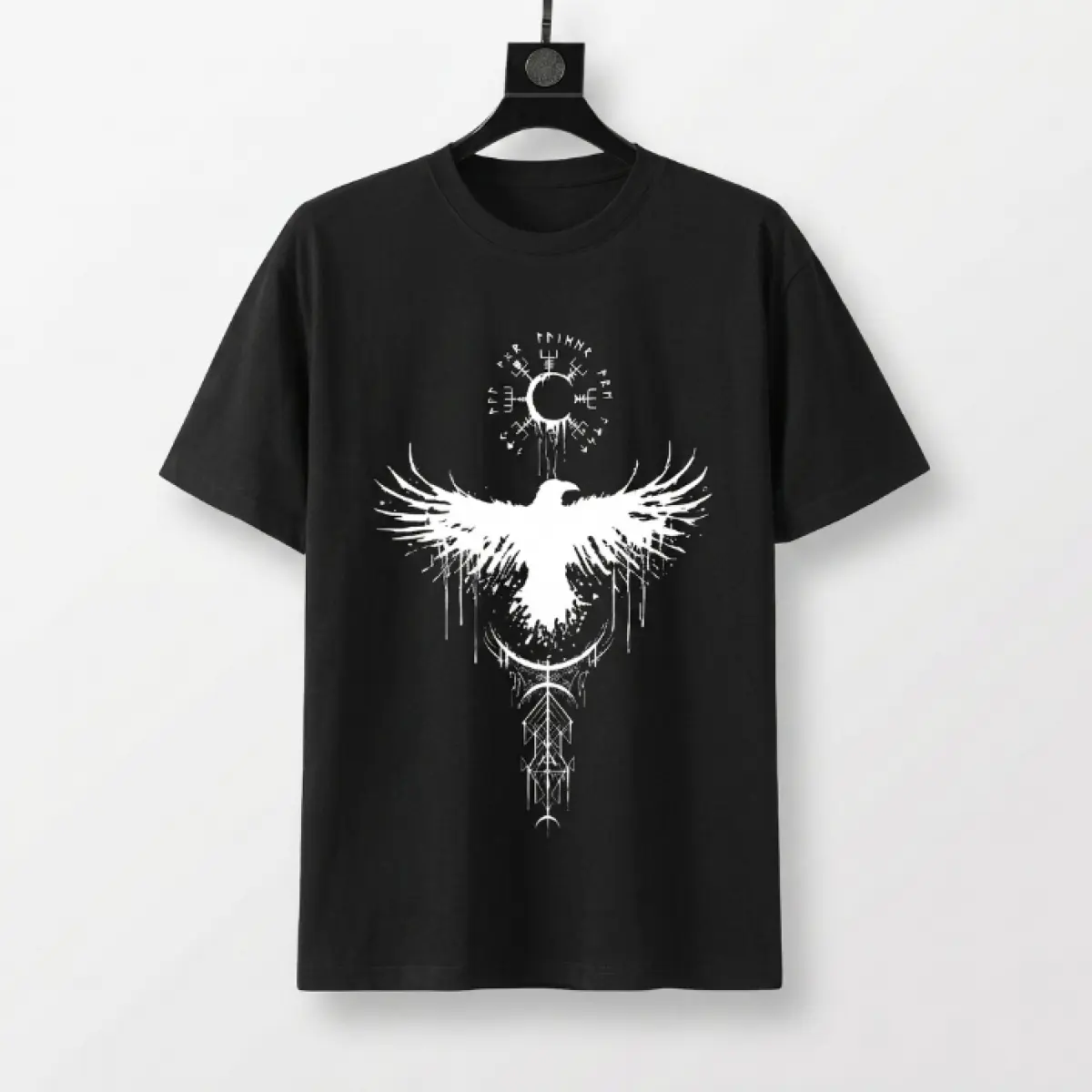 Men's Premium Oversized Graphic Tshirt - Nordic Viking Odin Raven Print, Round Neck Short-Sleeve, Summer Casual Streetwear Sports Top