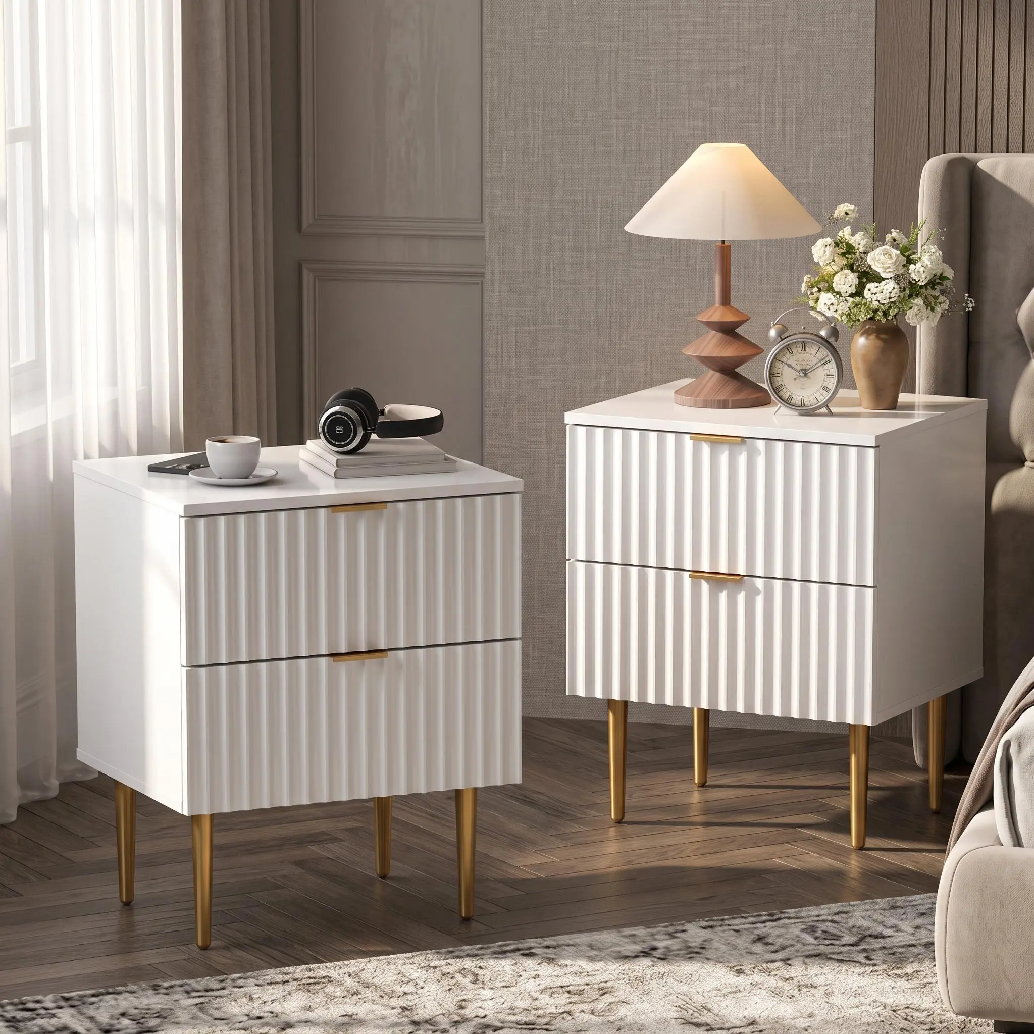 【IdealHouse】2-Piece Modern Fluted Nightstands Set with USB Charging Station, 2 Drawers, USB Ports, Power Outlets, Gold-Wood Accents for Bedroom, Living Room, Nightstand