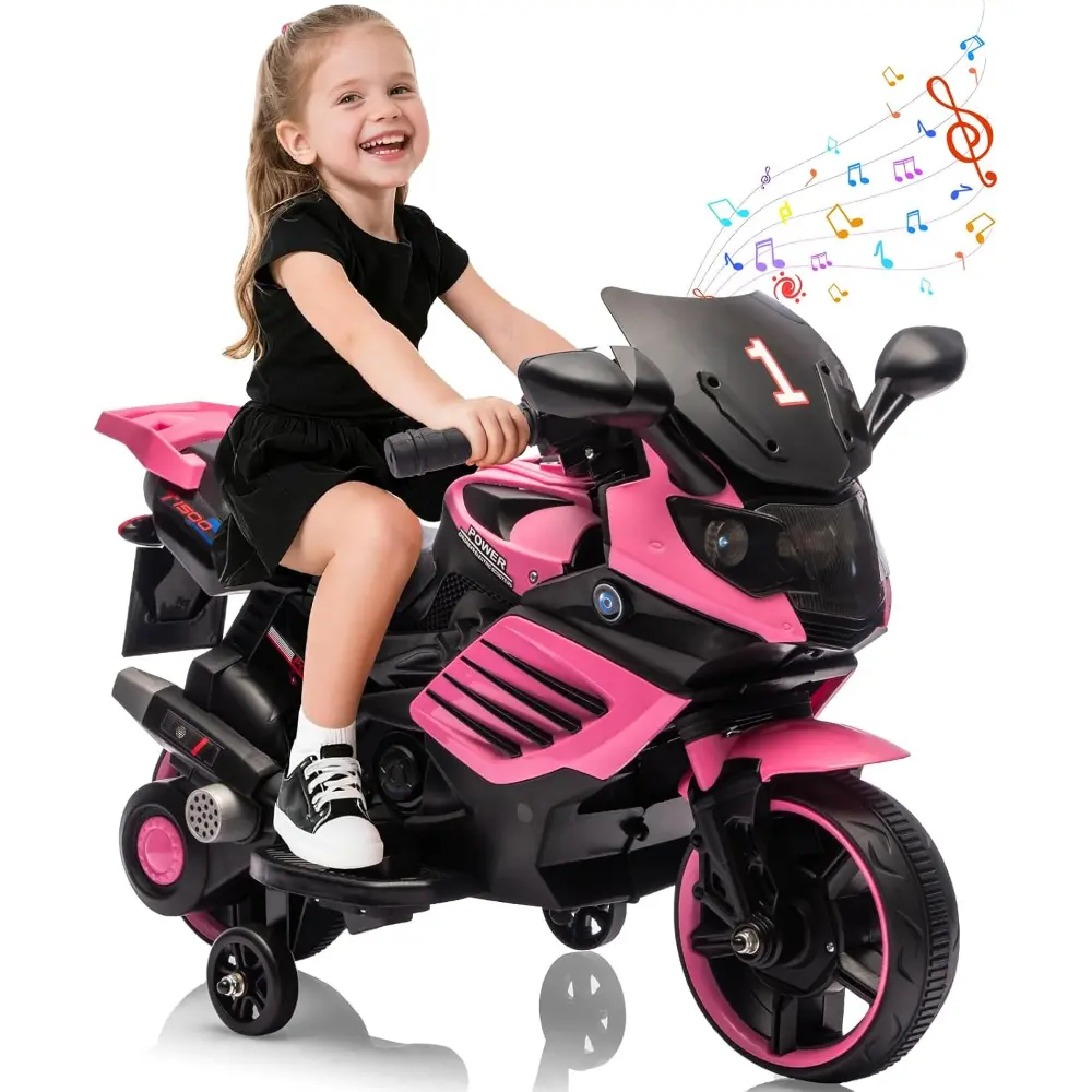 Kids 6V Ride On Motorcycle, Battery Powered Ride On Toys w/Treaded Tires, Working Headlight, Horn, Music, Training Wheels, Stable Electric Toddler Motorcycle for Kids, Gift for Boys Girls, Pink