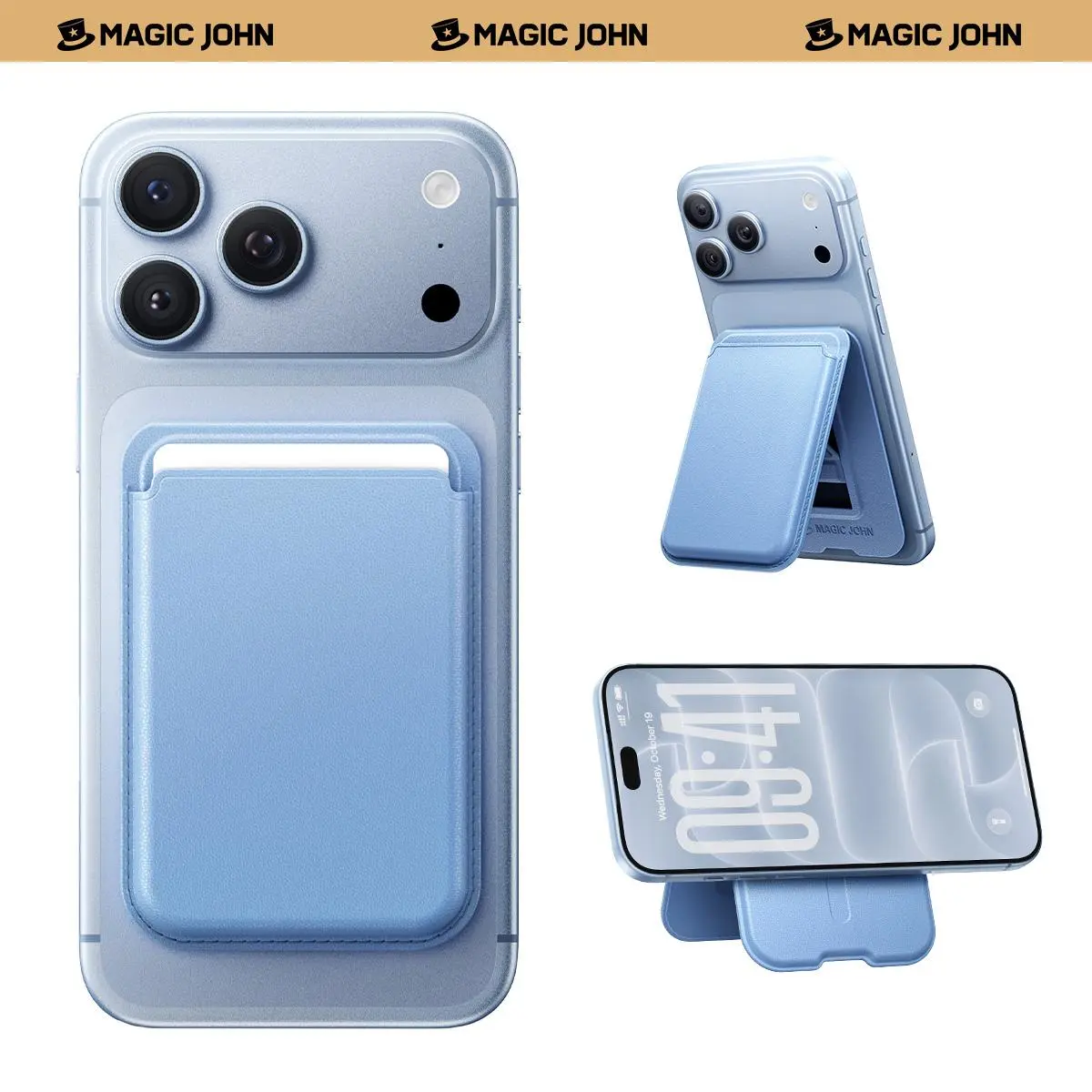 MAGICJOHN Magnetic Phone Wallet Stand, 2-in-1 Foldable PU Leather Card Holder, Holds 2–3 Cards, Adjustable Hands-Free Stand for MagSafe-Compatible iPhones and Magnetic Cases