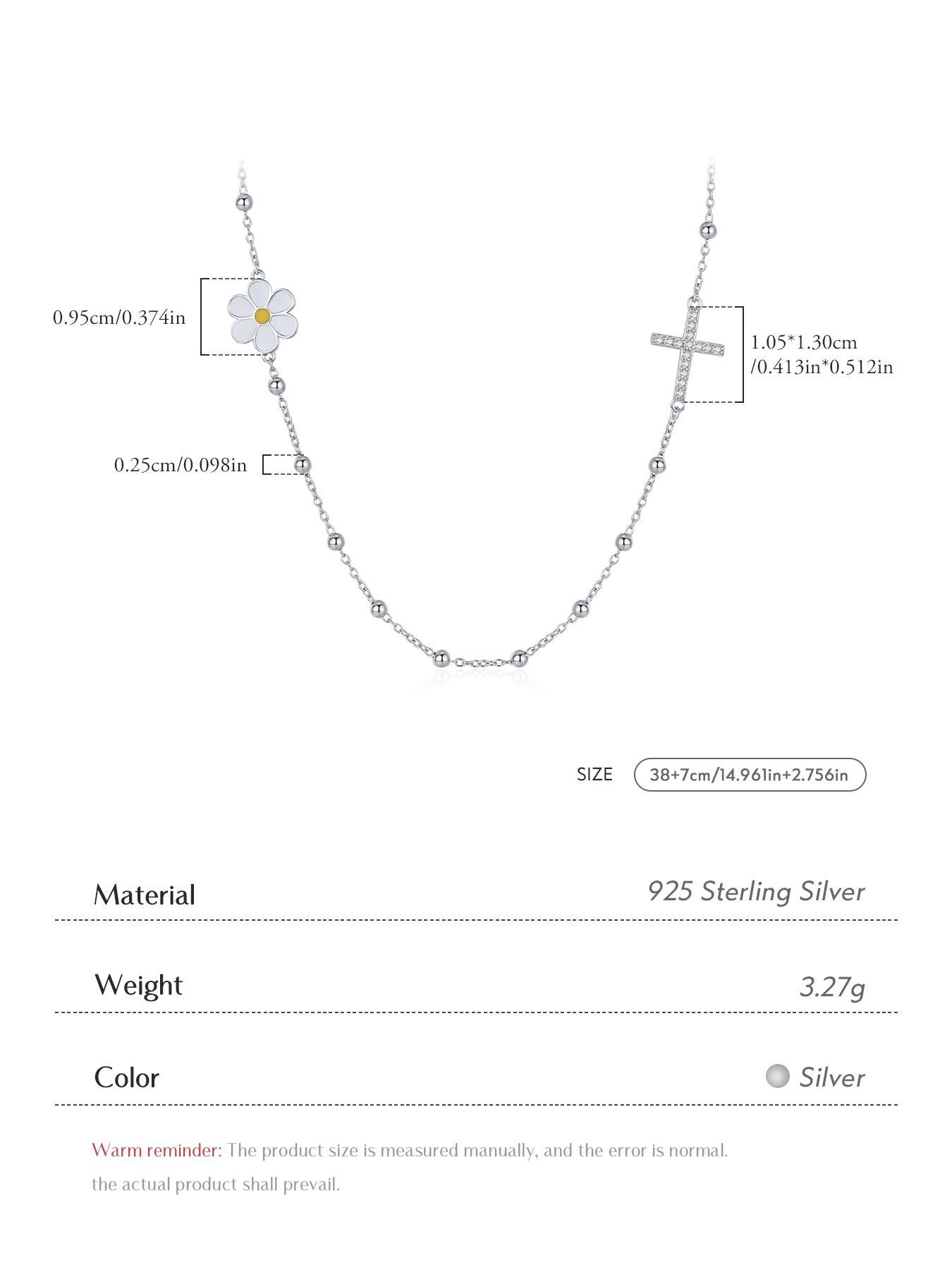 925 Sterling Silver Daisy & Cross & Beads Decor Necklace, Rhinestone Decor Fashion Jewelry for Party, Daily Clothing Decor, Trendy All-match & Exquisite Jewelry for Birthday Gift