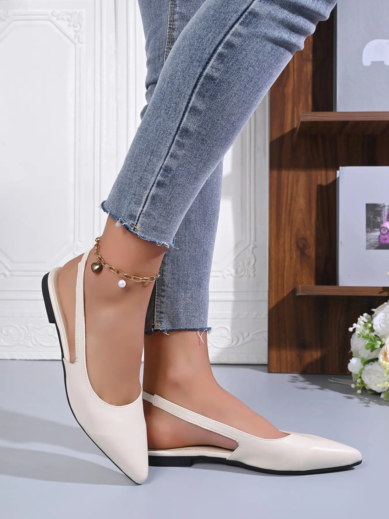 Simple Office Pointed Toe Flat Shoes, PU Leather Kitten Heel, Comfortable Daily Wear, Medium Width, All Seasons, Women's Casual Shoes, Pointed Flats, Fall Casual Shoes