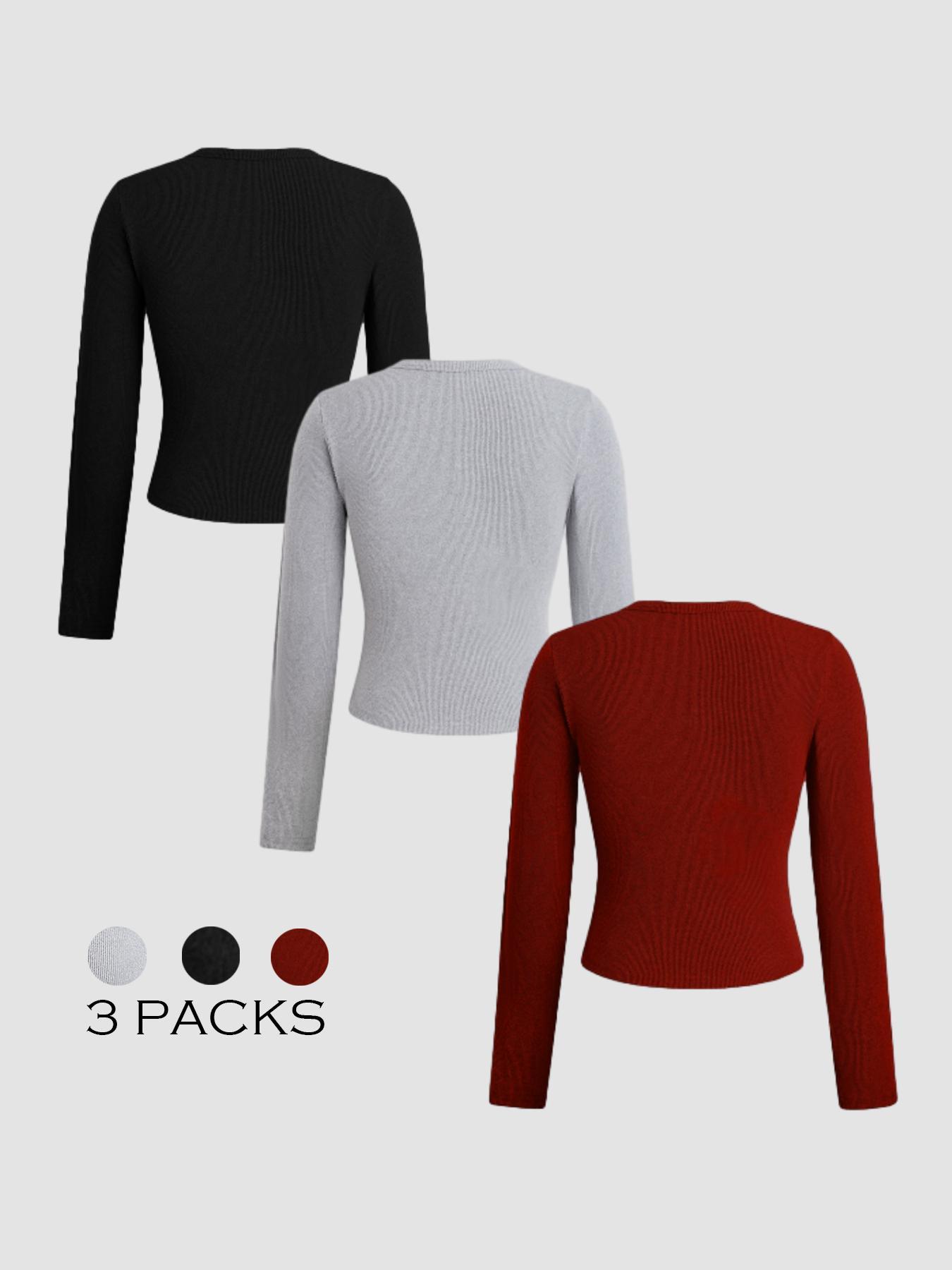 Women's Solid Button Front Ribbed Tee, Casual Long Sleeve Round Neck T-shirt Button Down Front for Spring & Fall, Ladies Clothes for Daily Wear