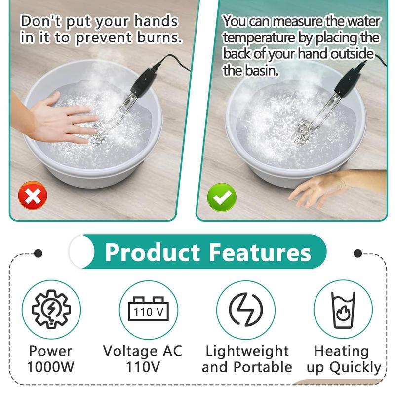 2 count 1000W-110V Immersion Water Heater - 10in Immersion Electric Water Heater - Portable Submersible Water Heater Fit for Camping, Ceramics Cups or Bucket Heating