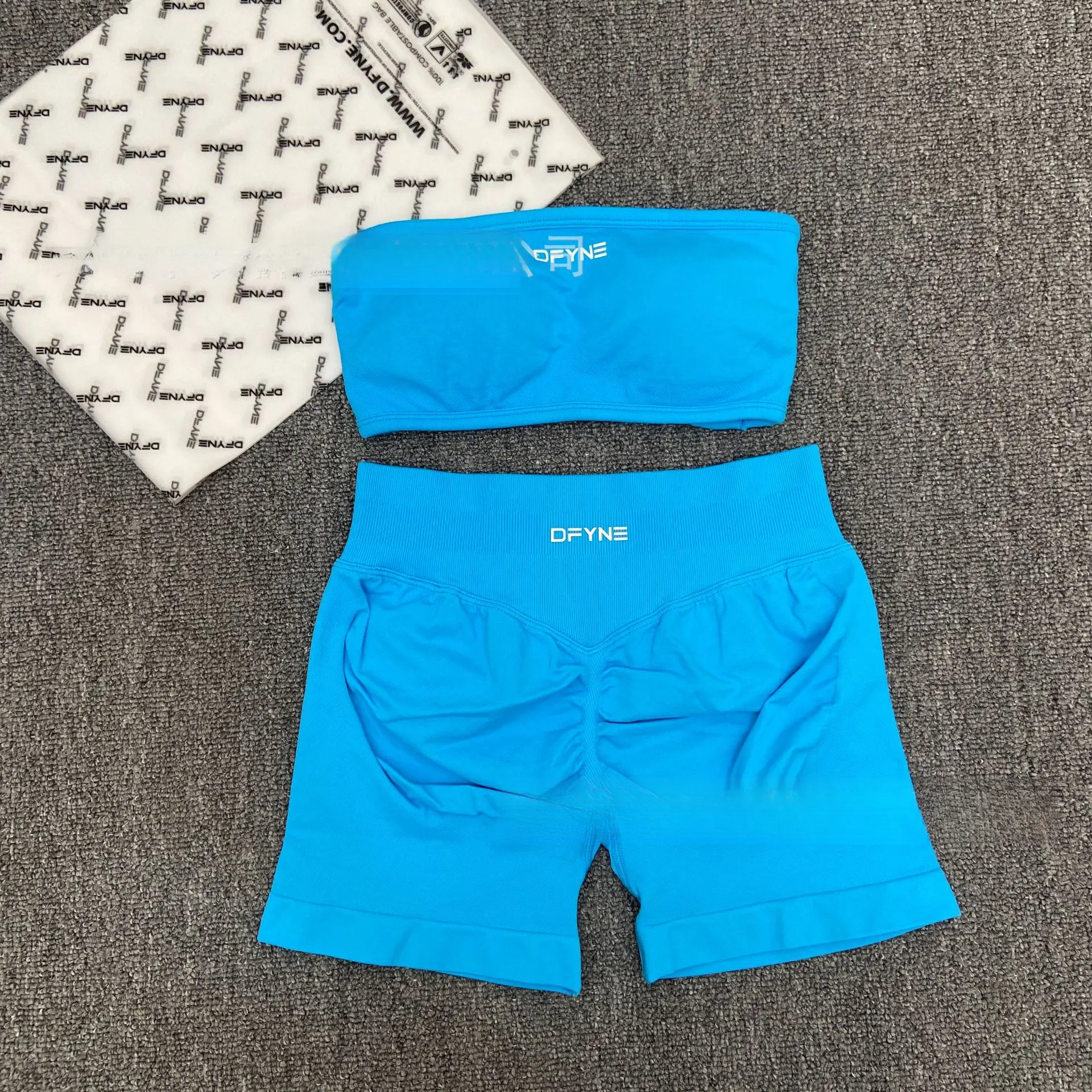 DFYNE Women's Seamless 2-Piece Workout Set - Ruched Halter Sleeveless Crop Top with Removable Pads, High Waisted Ribbed Shorts, Nylon Blend, True Sizing