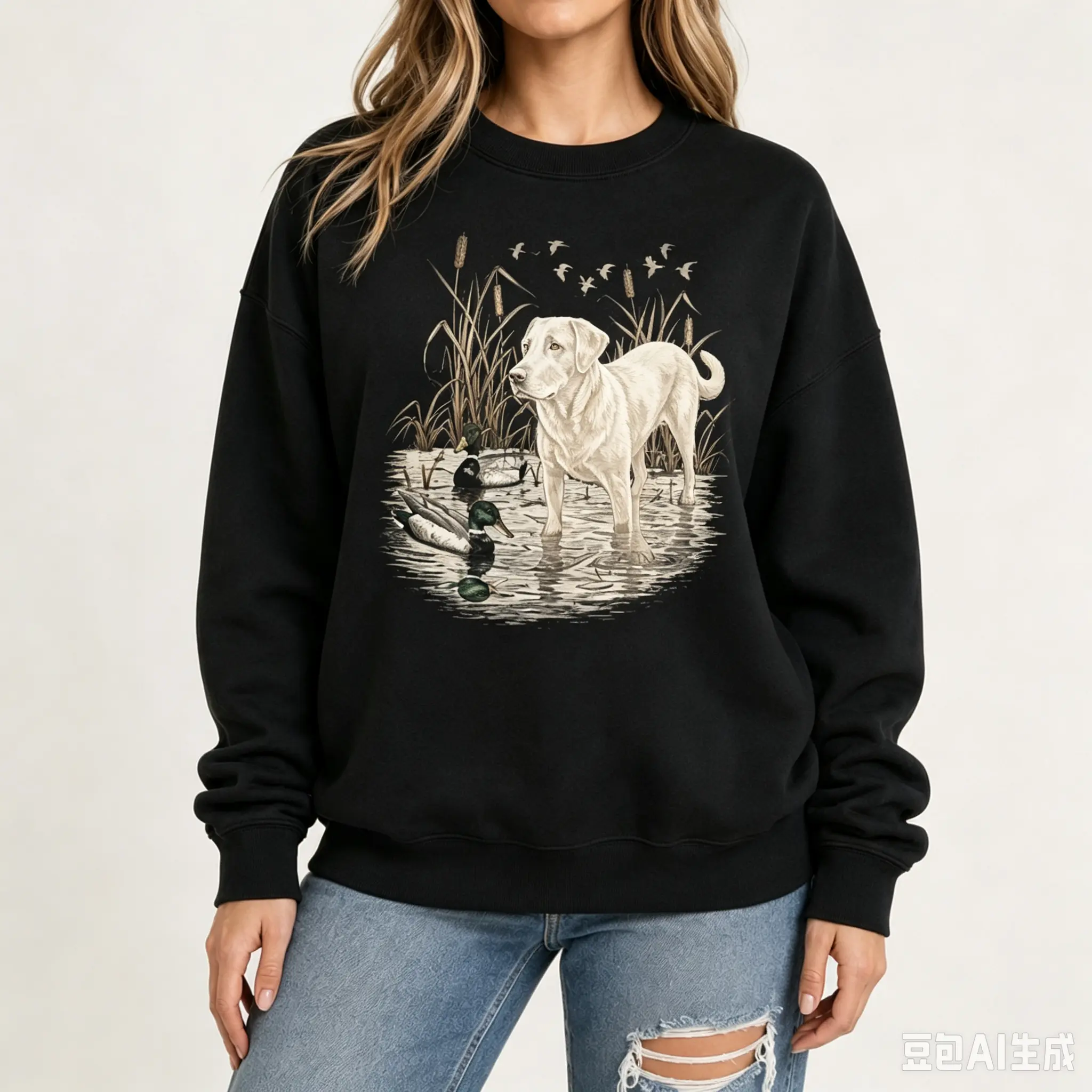 Women's Vintage 90s Black Labrador & Duck Nature Crewneck Hoodie - Cotton Fabric, Casual Round Neck Animal Lover Tops