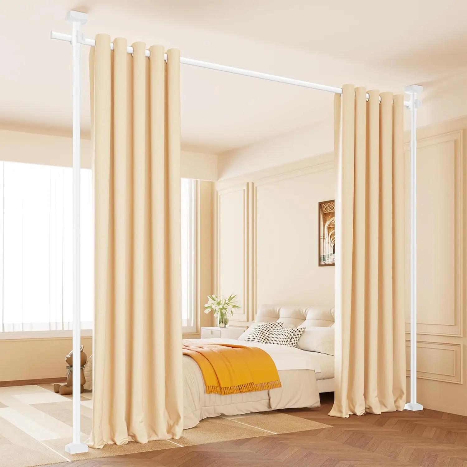 Room Divider Curtain Rod, No Drilling Adjustable Space Partition, Heavy Duty Floor to Ceiling Tension Rod, 4-10ft(H) 28-70inch(W), Temporary Wall Divider for , White